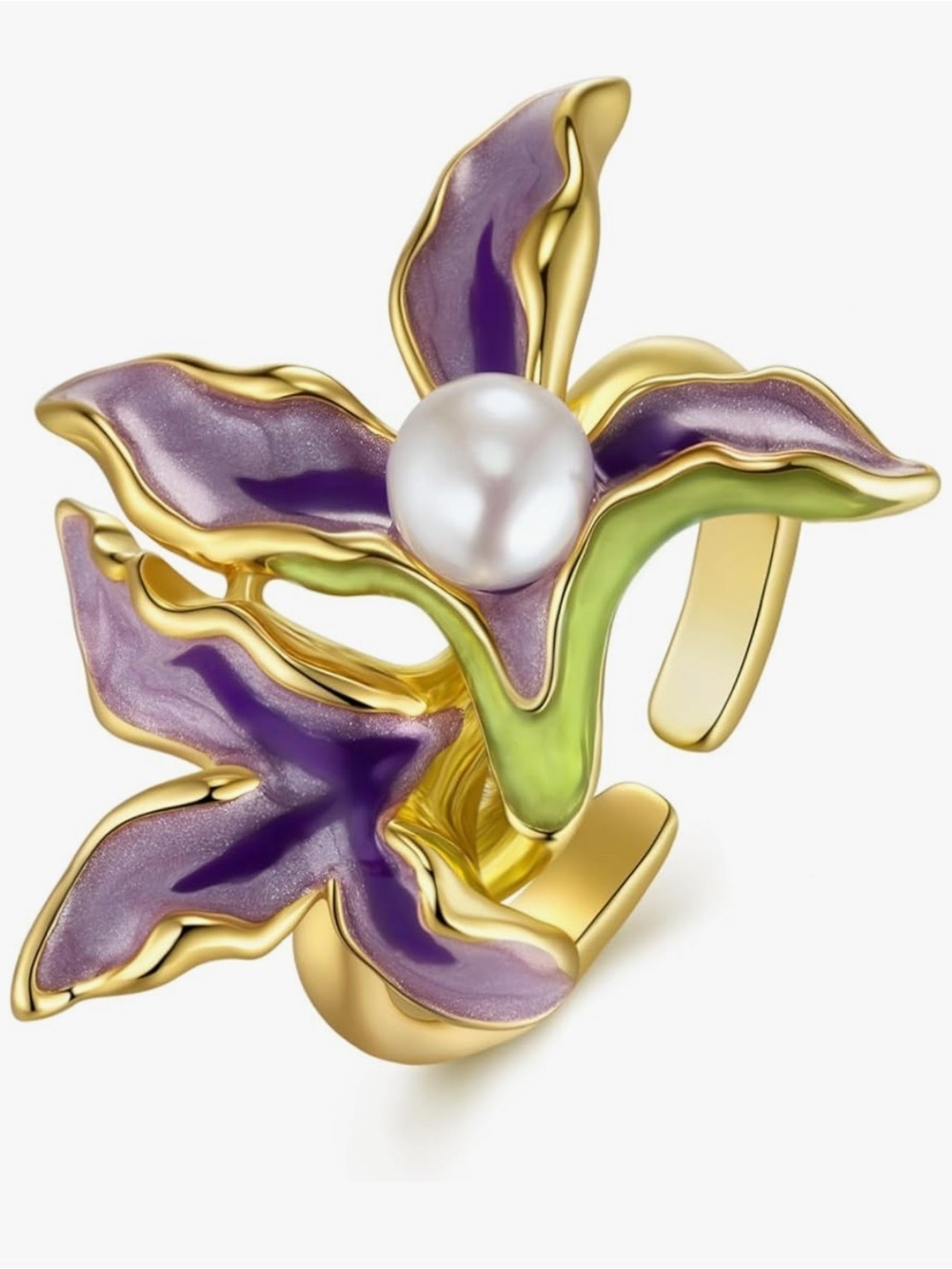 Gold And Purple Enamel Flower Ring with Pearl Accent